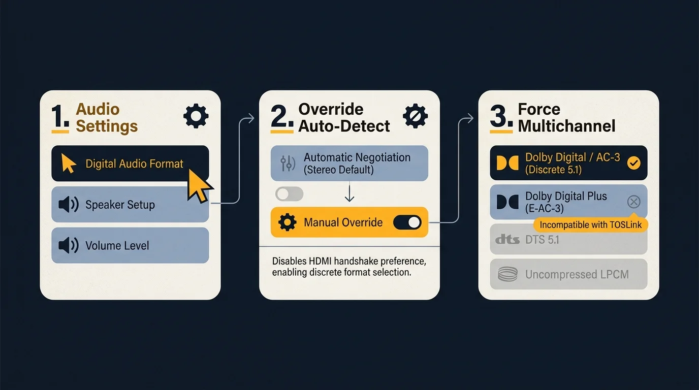 Three-step UI diagram showing navigation from audio settings to overriding auto-detect and selecting Dolby Digital AC-3.