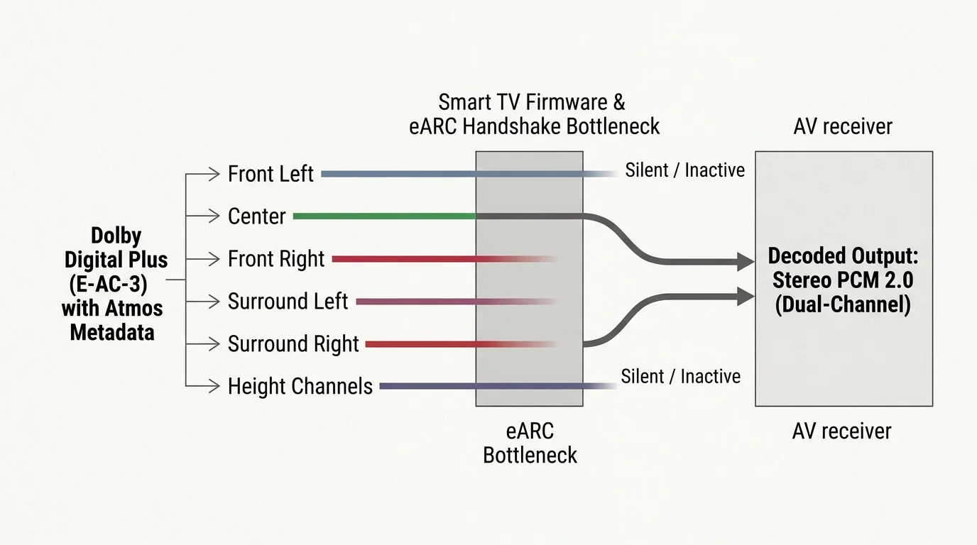 Diagram showing multichannel Dolby Digital Plus audio downmixing through an eARC bottleneck into stereo PCM 2.0 output.