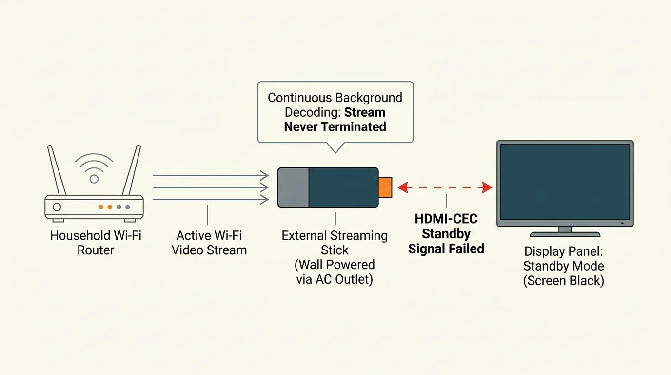 Diagram showing a Wi-Fi router streaming data to an external streaming stick while the connected TV is in standby mode.