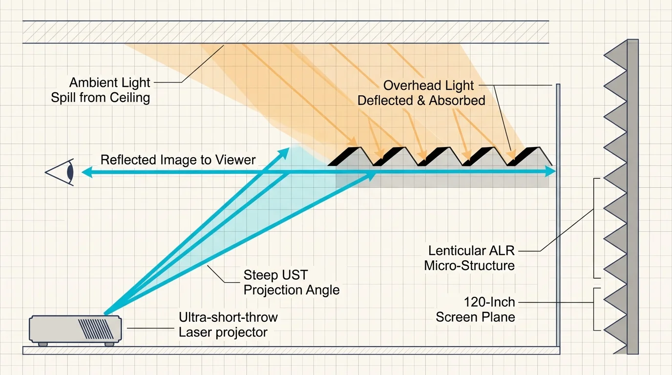 Diagram showing ambient ceiling light deflected while upward light from a UST laser projector reflects toward a viewer.