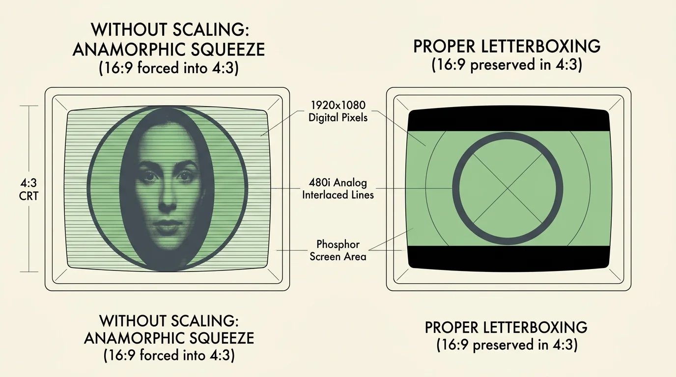 Diagram comparing anamorphic squeeze of a face on a 4:3 CRT screen versus proper letterboxing with black bars.