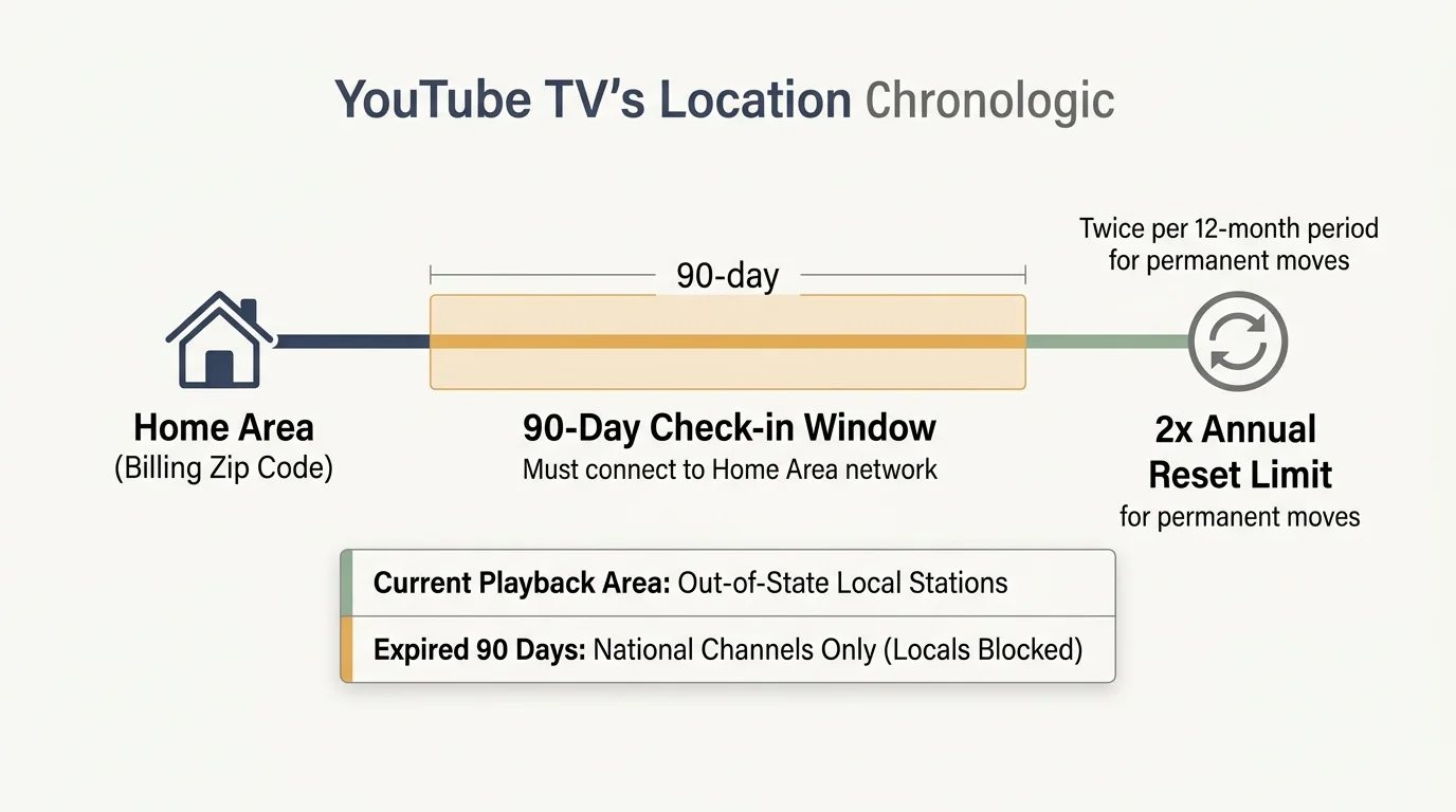 Diagram showing YouTube TV location timeline with Home Area, a 90-day check-in window, and a 2x annual reset limit.