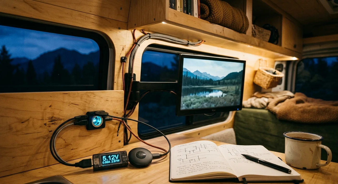 Small TV mounted inside a camper van connected to a Chromecast and USB power meter on a wooden table.