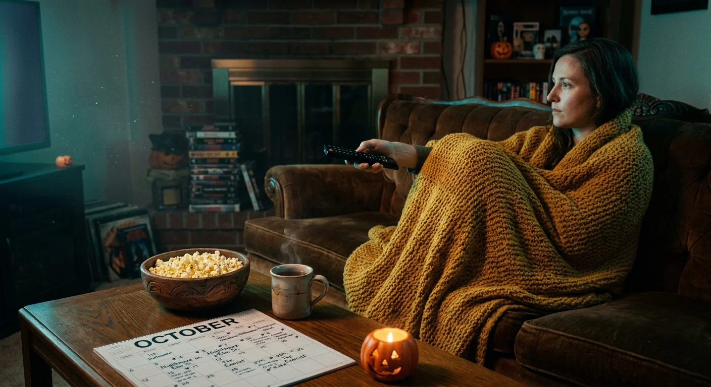 A woman wrapped in a blanket holds a remote on a couch near an October calendar, popcorn, and a glowing pumpkin candle.