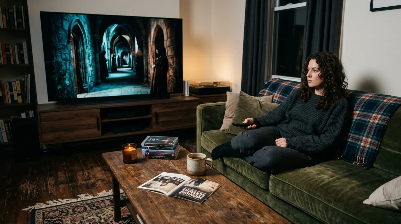 A woman sits on a green couch holding a remote, watching a horror film on a television in a dimly lit living room.