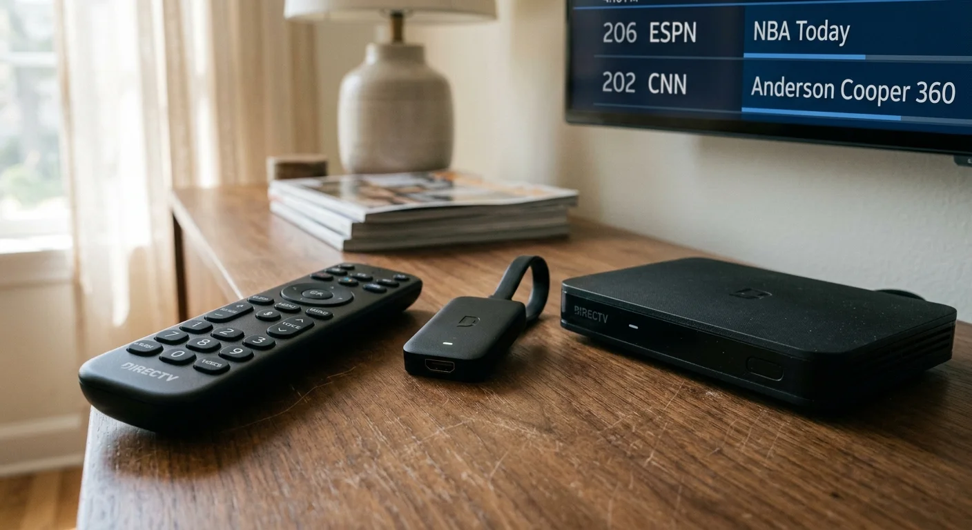DIRECTV remote with number pad, streaming dongle, and receiver box on a wooden console beneath a TV guide.