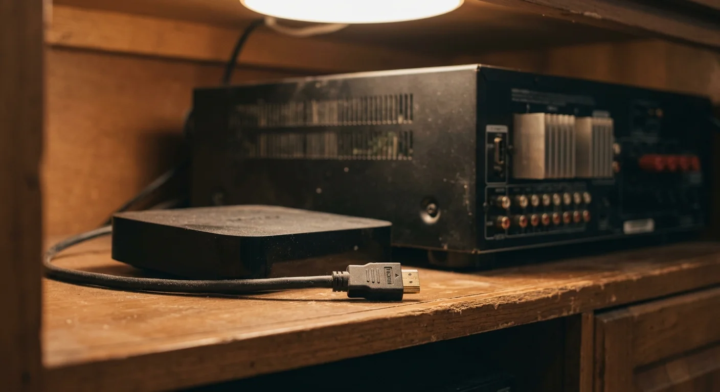 Black streaming box with an unplugged HDMI cable sitting next to an audio receiver on a wooden shelf.