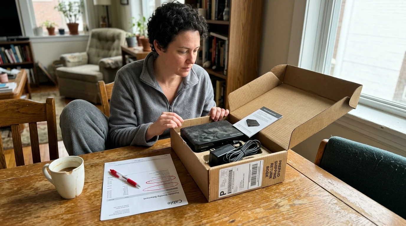 A woman sitting at a dining table packing a cable box and power adapter into a cardboard return box.