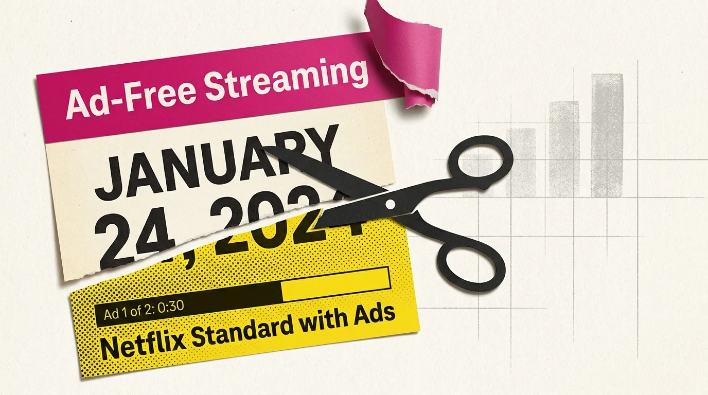 Scissors cutting a paper calendar marked January 24, 2024, separating Ad-Free Streaming from Netflix Standard with Ads.