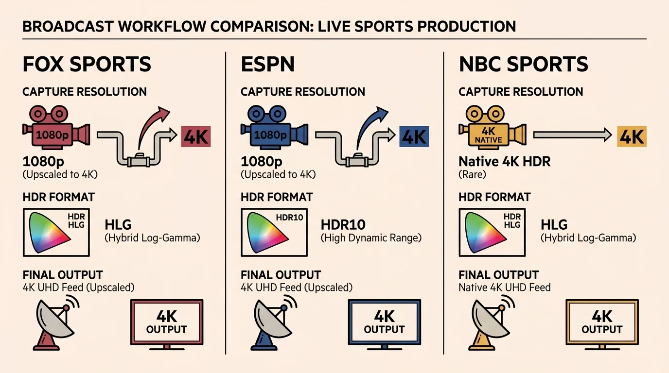 Diagram comparing sports broadcast workflows for Fox Sports, ESPN, and NBC Sports showing resolution, HDR, and final output.