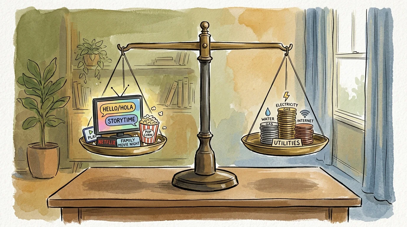 Illustration of a balance scale weighing a TV with streaming titles against stacks of coins labeled utilities.
