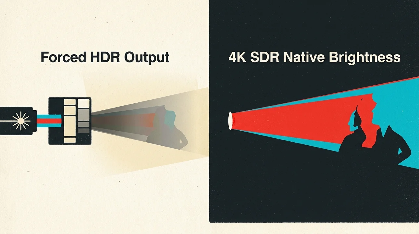Split illustration contrasting a dim Forced HDR Output projector beam with a vibrant 4K SDR Native Brightness projection.