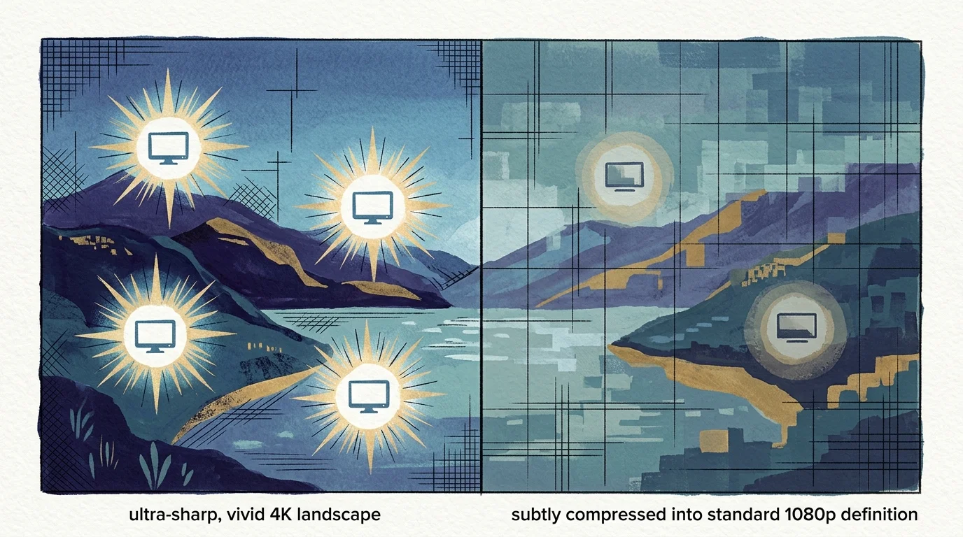 Split landscape illustration comparing sharp 4K view with glowing screens to pixelated 1080p definition on a grid.