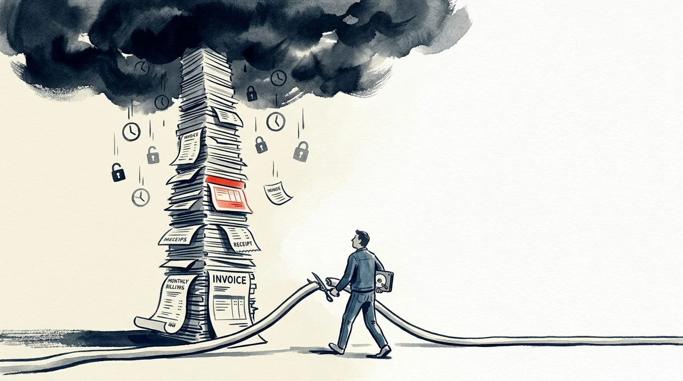 Illustration of a man cutting a thick cable leading to a towering stack of bills under a dark cloud.