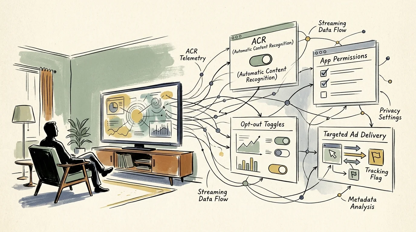 Illustration of a person watching television with data lines connecting to panels for ACR, app permissions, and ad tracking.
