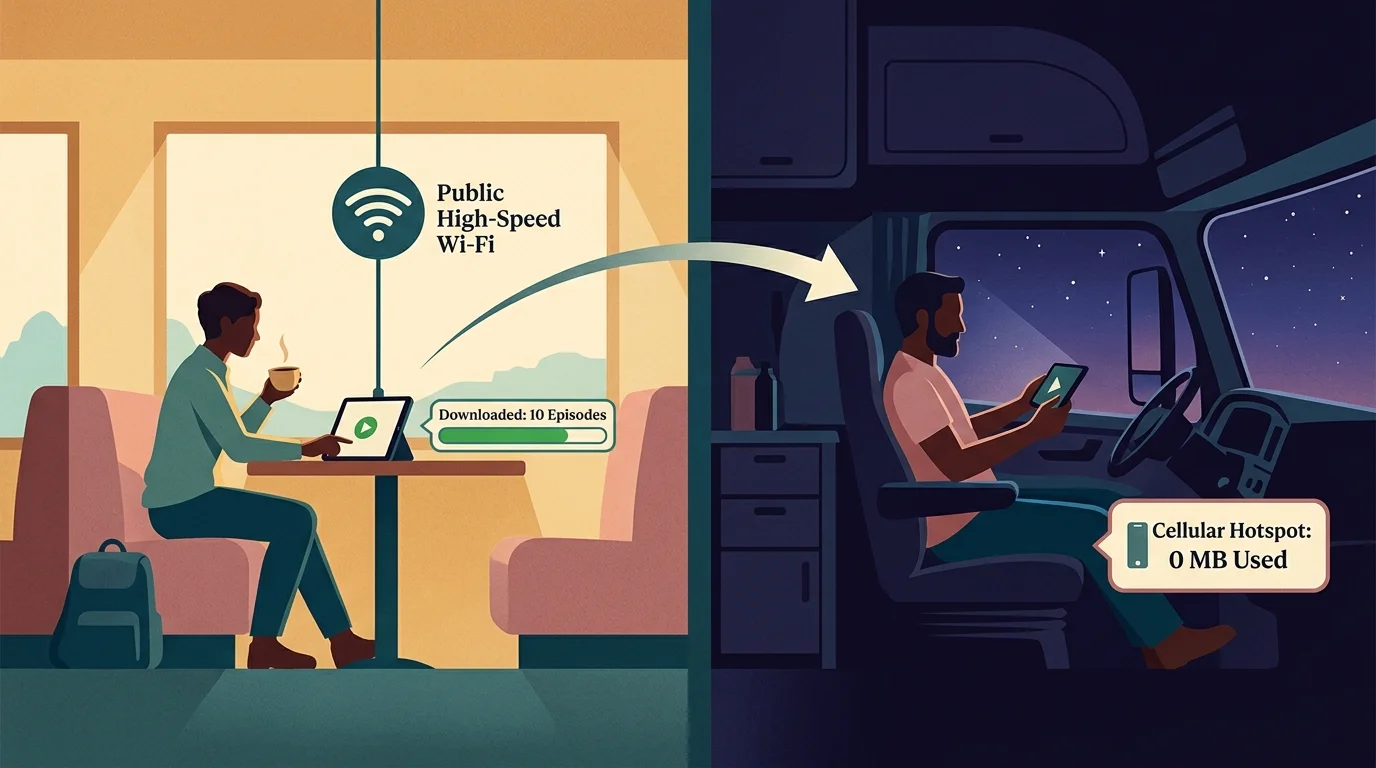 Split illustration showing someone downloading videos on public Wi-Fi in a diner, then watching offline inside a truck cab.