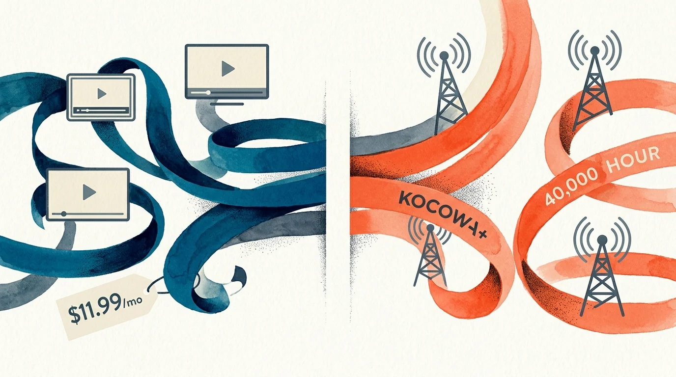 Illustration of blue ribbons with video screens and a price tag splitting from orange ribbons with broadcast towers.