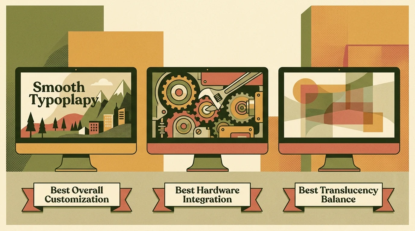 Illustration of three computer monitors labeled Best Overall Customization, Best Hardware Integration, and Translucency Balance.