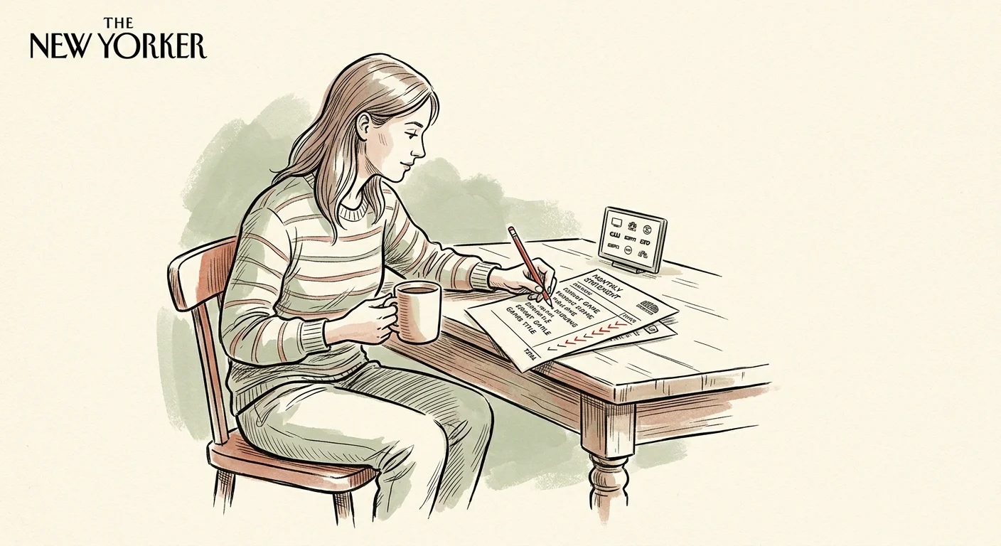 Illustration of a woman at a wooden table reviewing a paper statement with a pencil beside a small tablet.