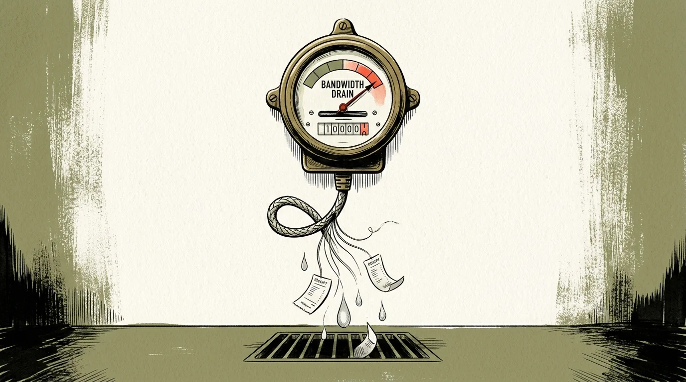Illustration of a bandwidth drain meter leaking liquid and receipts down into a floor grate.
