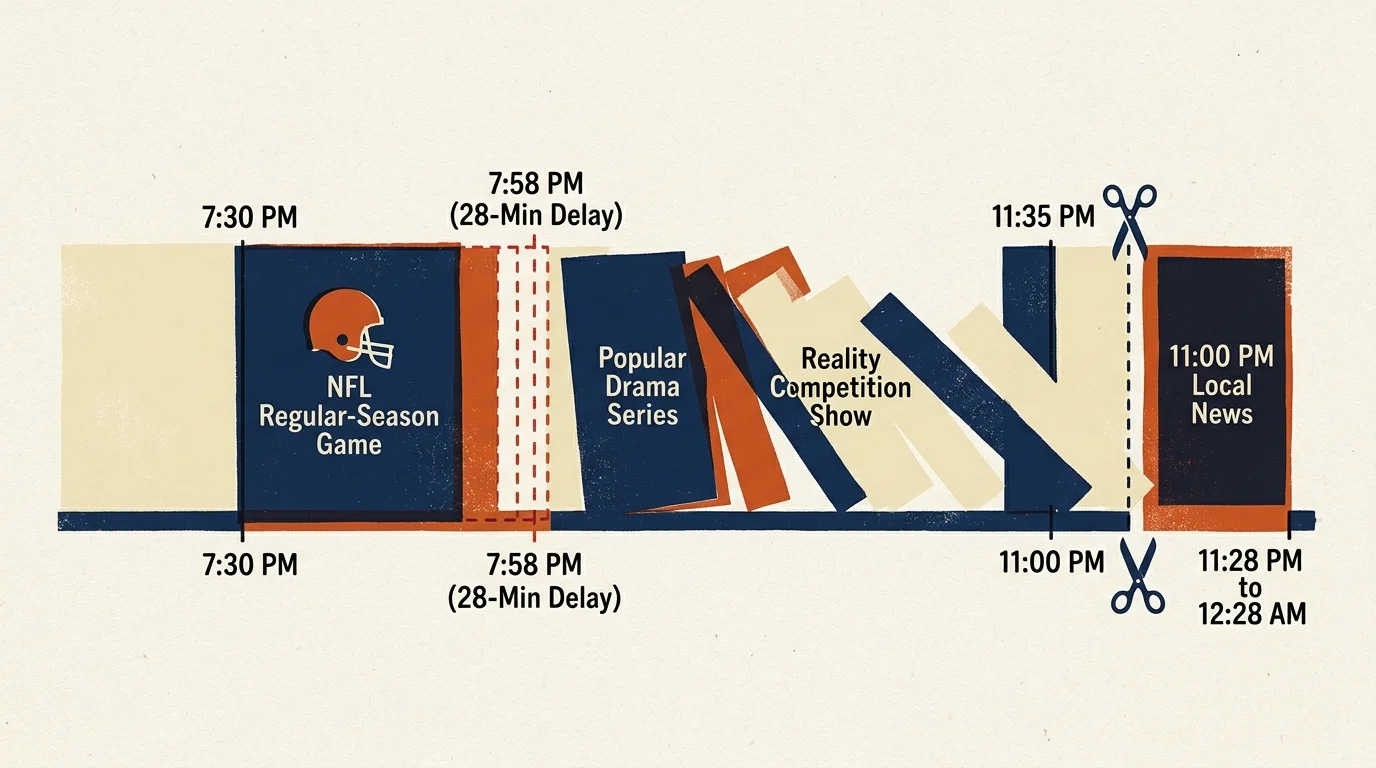 Timeline diagram of falling dominoes representing TV shows delayed by an NFL game, with scissors cutting off the local news.