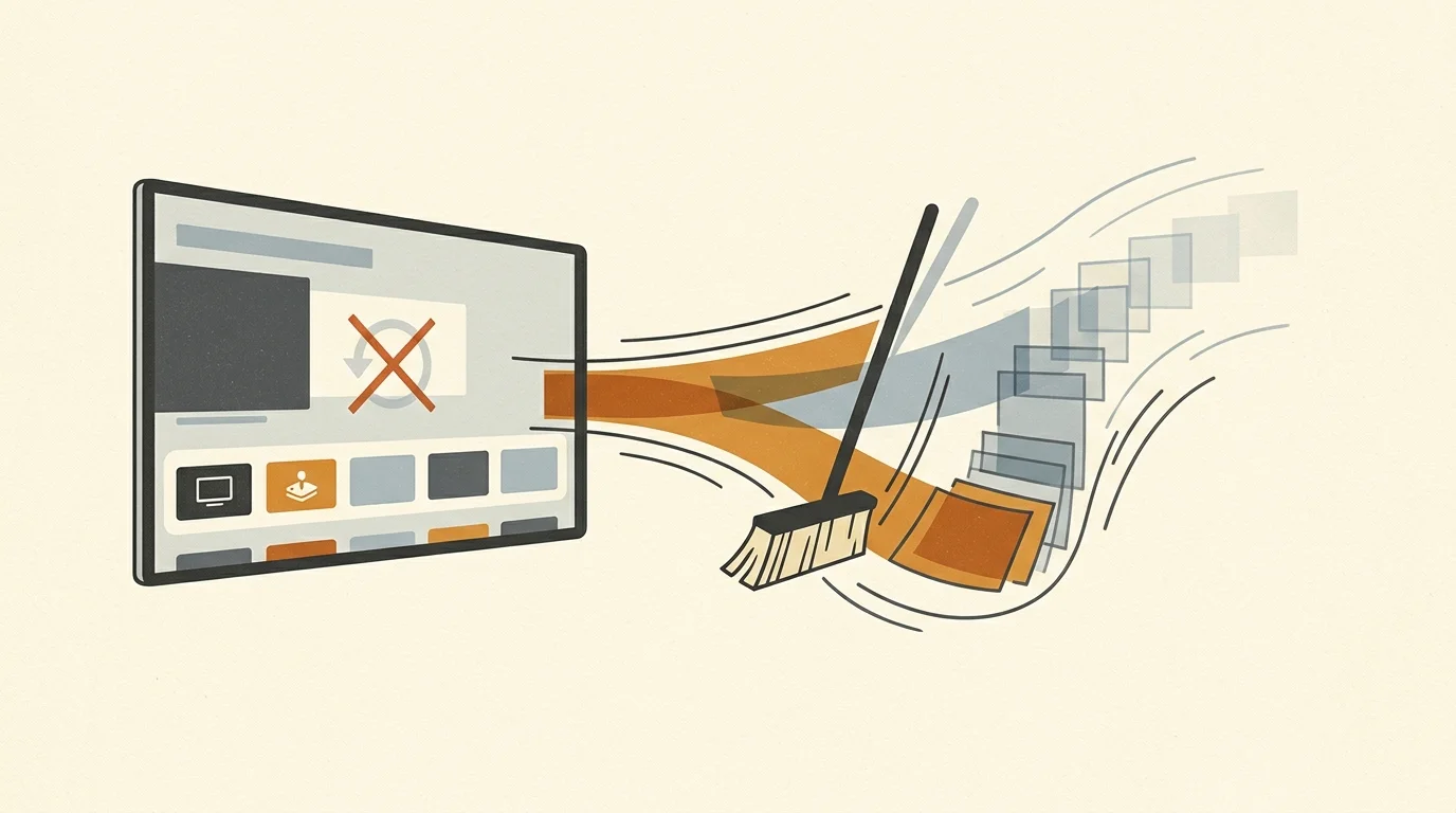 Illustration of a television screen with a broom sweeping data streams and square tiles out from the display.