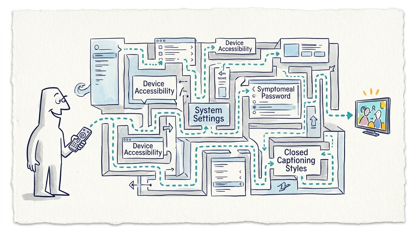 Illustration of a person holding a remote navigating a complex maze of system settings and accessibility menus to a TV.