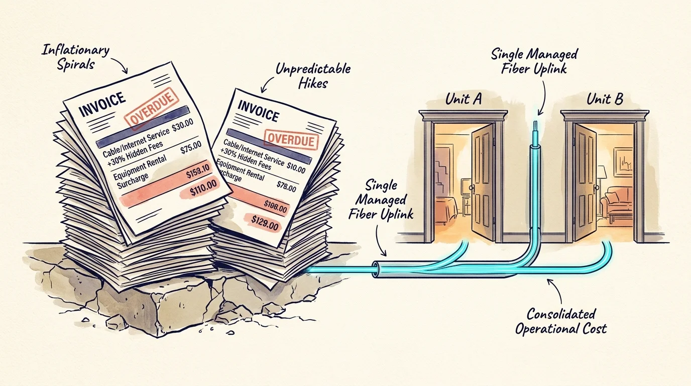 Illustration of stacked overdue cable invoices beside a single fiber cable splitting between doors labeled Unit A and Unit B.