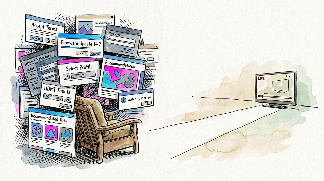 Watercolor sketch of an armchair surrounded by floating popup windows and software menus facing a distant television.
