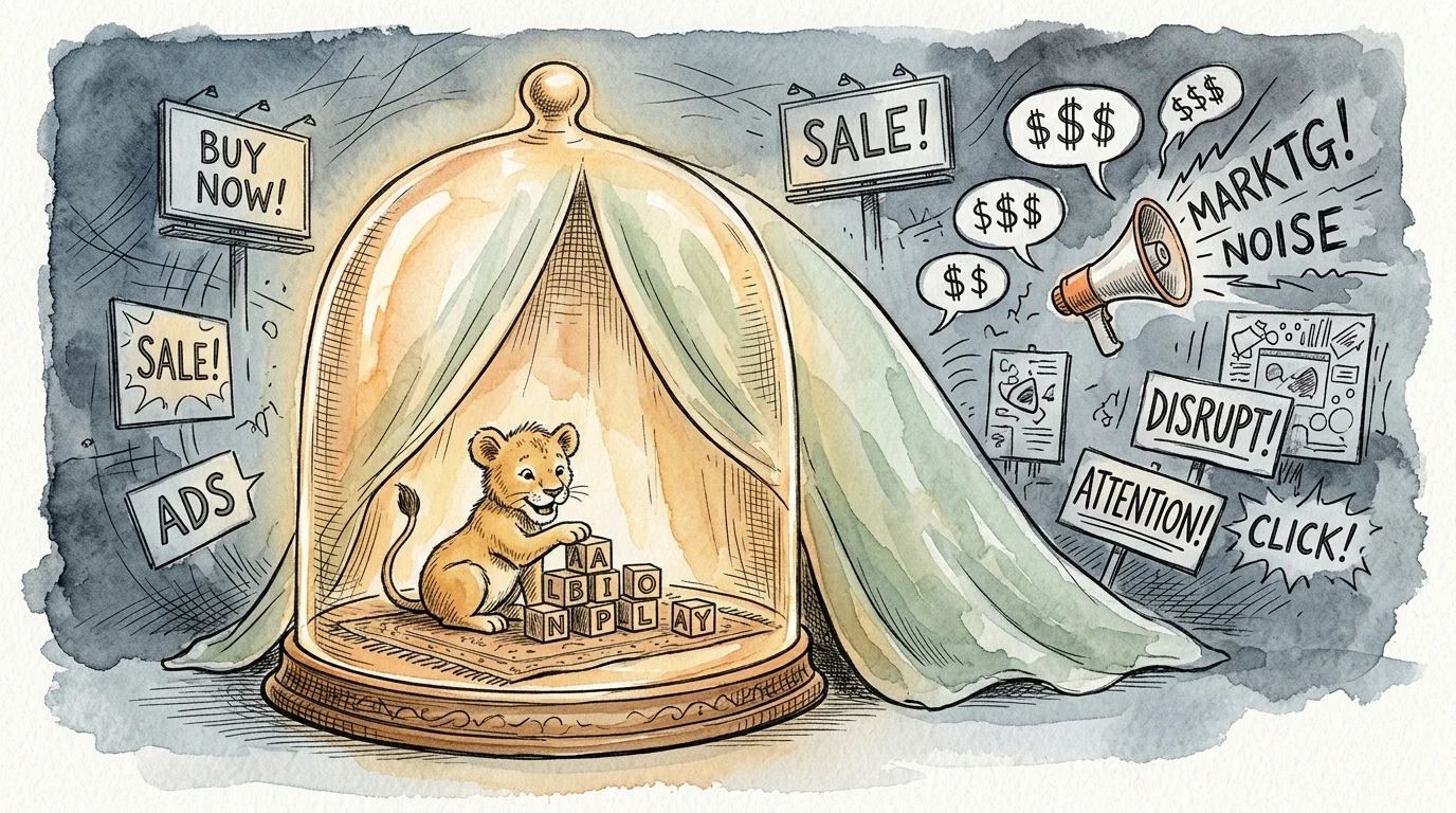 A lion cub plays with blocks inside a glass cloche, shielded from surrounding advertising billboards and a megaphone.
