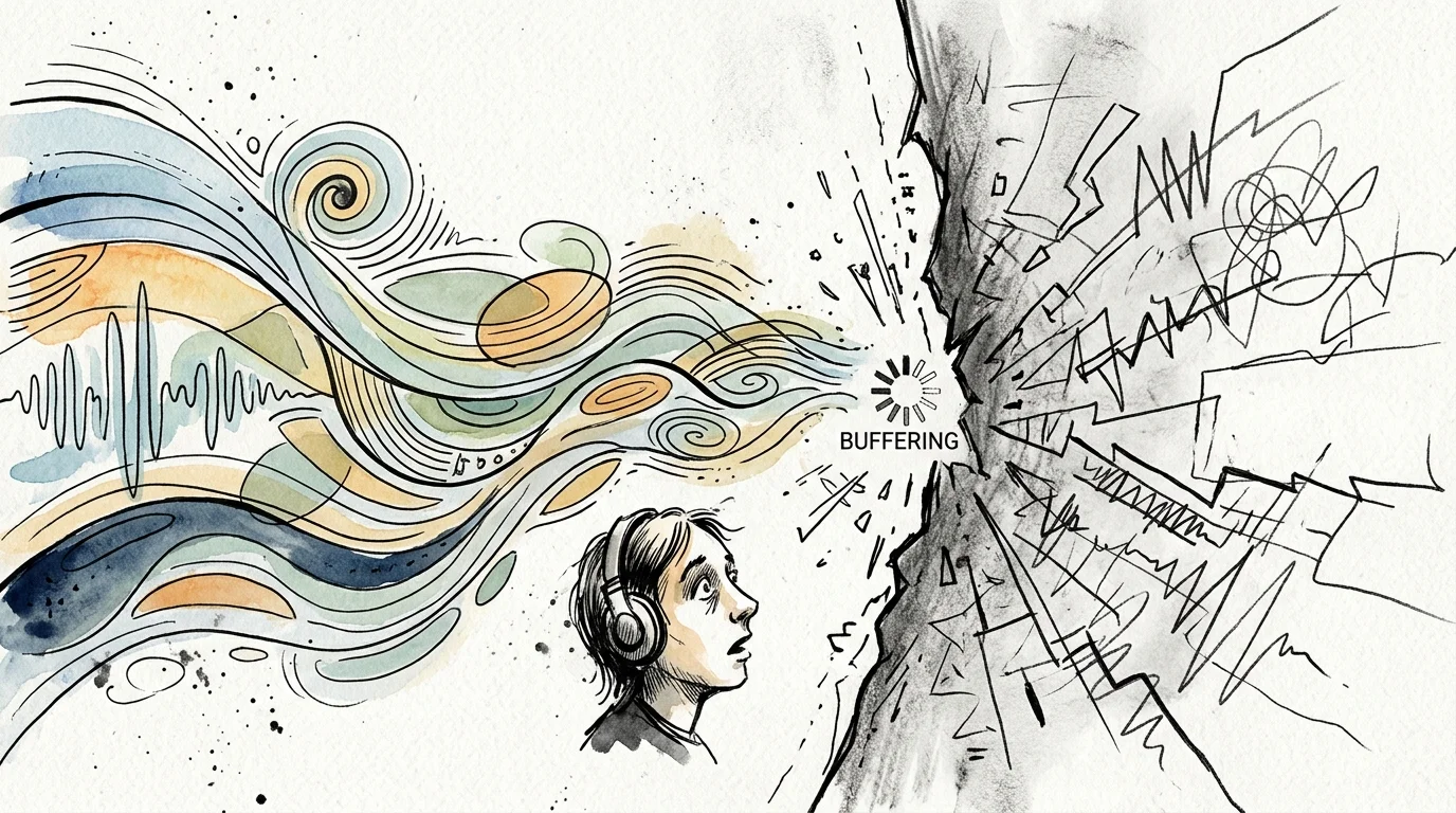 Illustration of a person in headphones looking up as smooth soundwaves hit a buffering icon and turn into jagged scribbles.