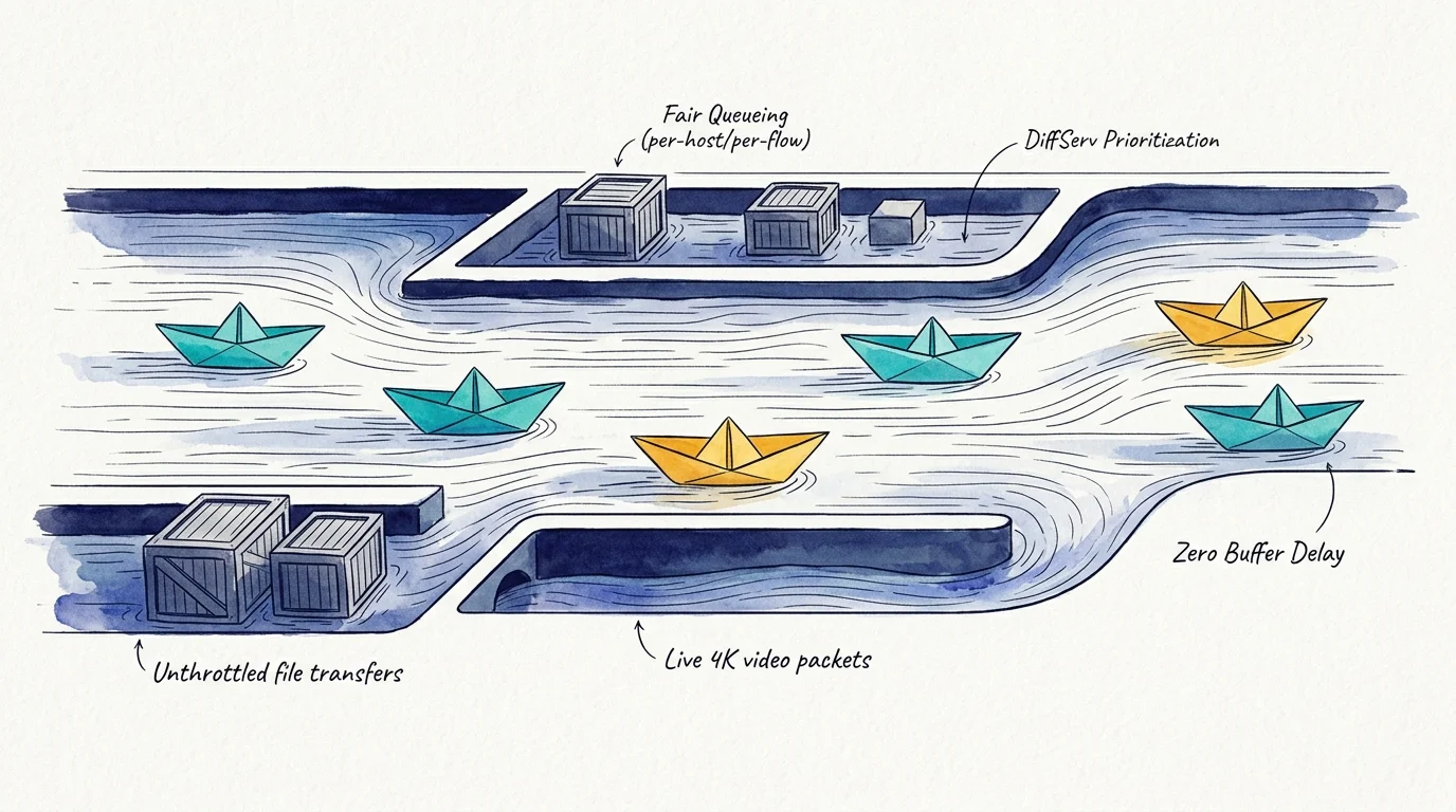 Watercolor diagram of water channels with paper boats and wooden crates illustrating network packet queueing and flow.