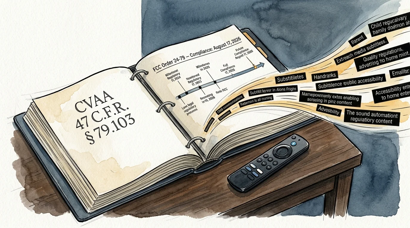 Illustration of an open legal binder citing CVAA regulations alongside a remote control on a wooden desk.
