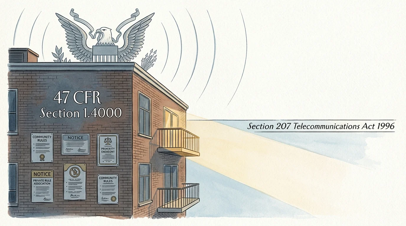 Illustration of a brick apartment building with rule notices, an eagle emblem on the roof, and broadcast waves.