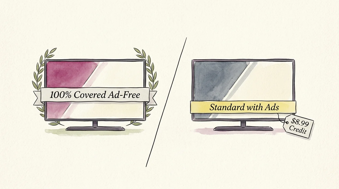 Split illustration of two TVs comparing a 100% Covered Ad-Free screen with a Standard with Ads screen and credit tag.