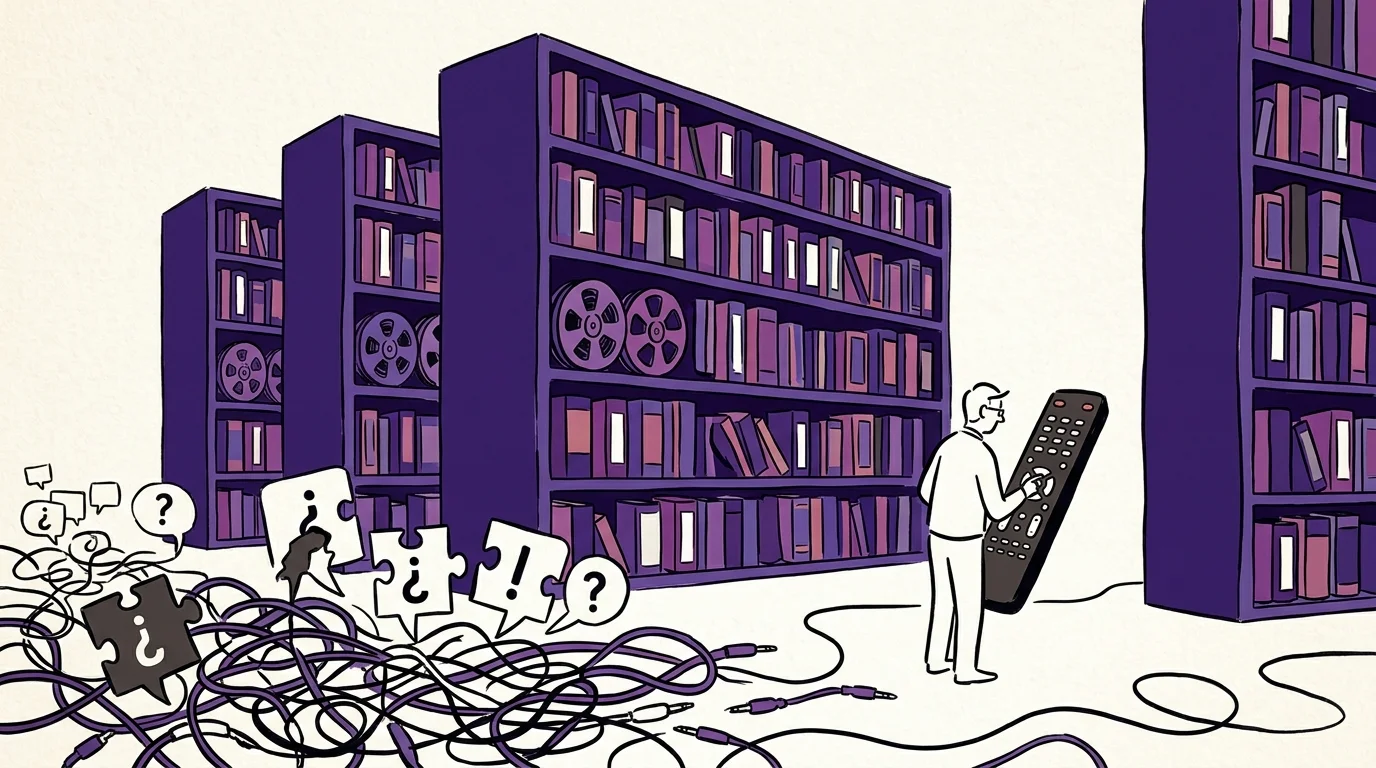 Man holding a giant remote in an archive with purple bookshelves, tangled cables, puzzle pieces, and question marks.