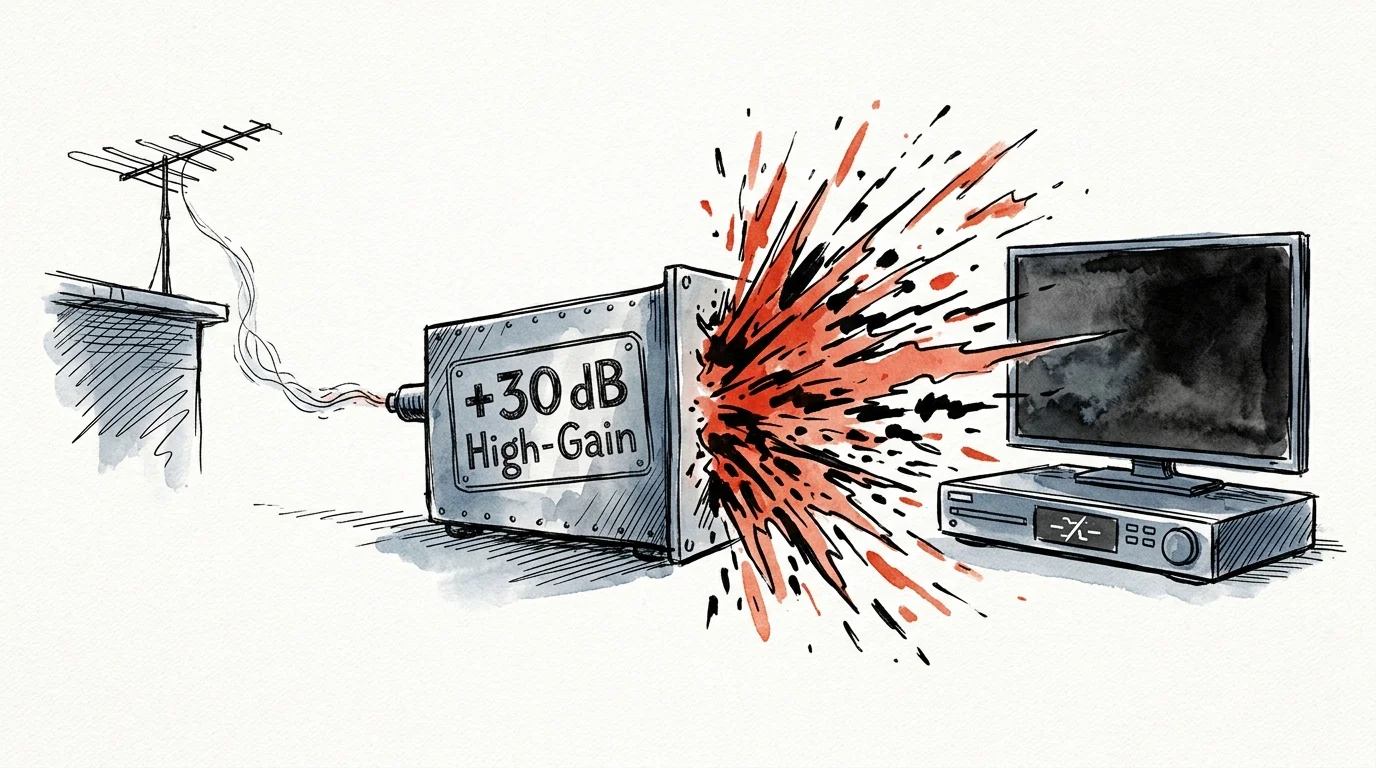Illustration of a plus 30 dB high-gain box blasting red and black splatters toward a blank television screen.