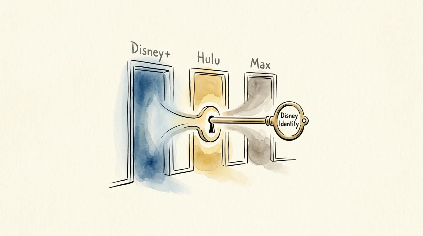 Watercolor illustration of a golden Disney Identity key unlocking three doorways labeled Disney+, Hulu, and Max.