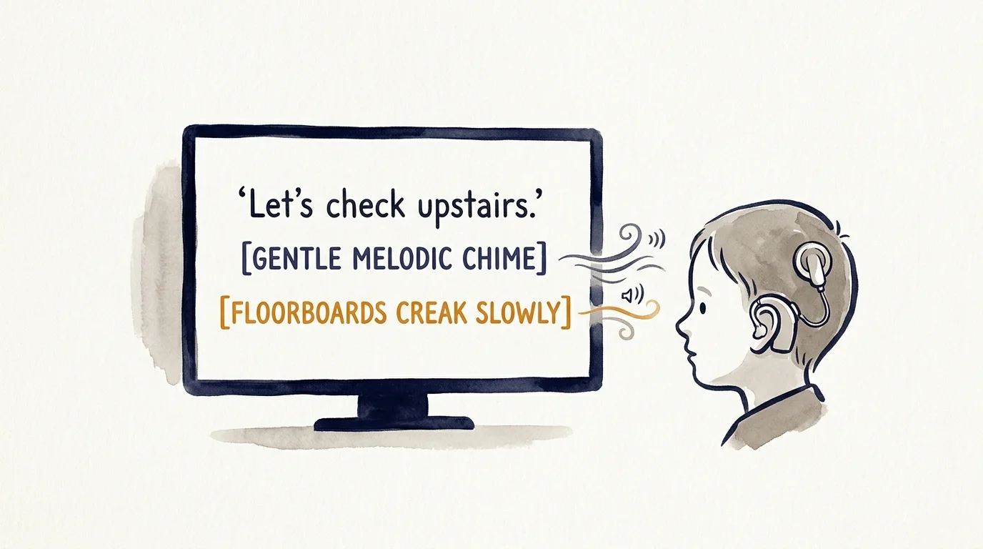 Watercolor illustration of a child with a cochlear implant facing a monitor displaying dialogue and descriptive sound tags.