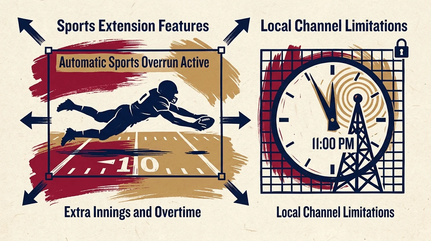Split illustration contrasting an expanding football graphic with a locked clock showing 11:00 PM next to a broadcast tower.