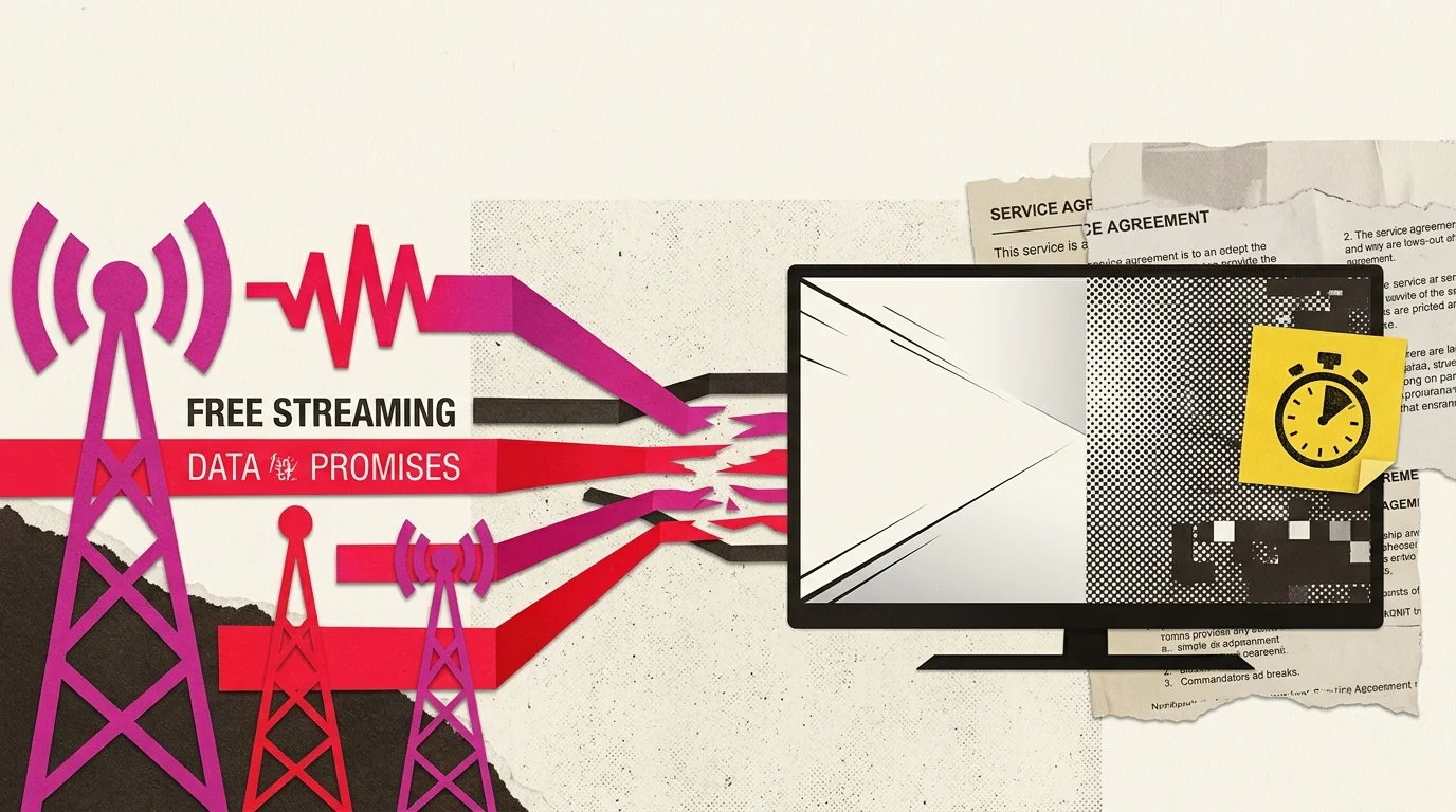 Cell towers funnel data streams into a television screen displaying pixelation next to paper agreements and a timer note.
