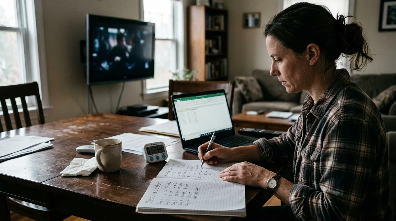 A woman sits at a wooden table with a laptop, digital timer, and notebook, tracking a movie playing on a TV.
