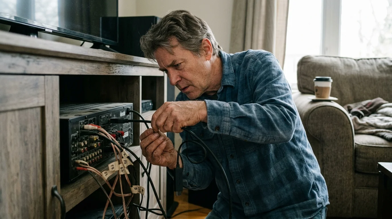 A man crouches beside an entertainment console, plugging cables into the back of an audio receiver.