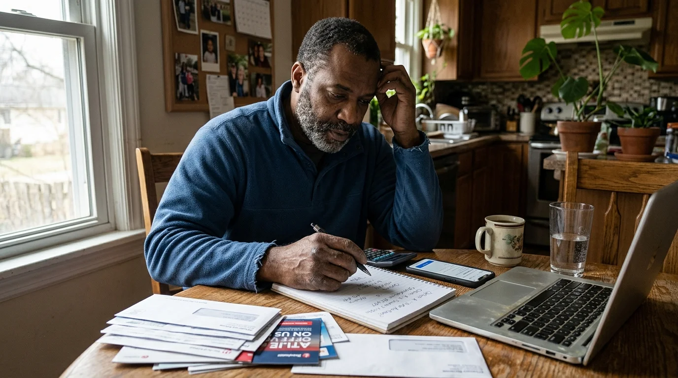 Man sitting at a kitchen table writing in a notebook near a laptop, calculator, bills, and phone.