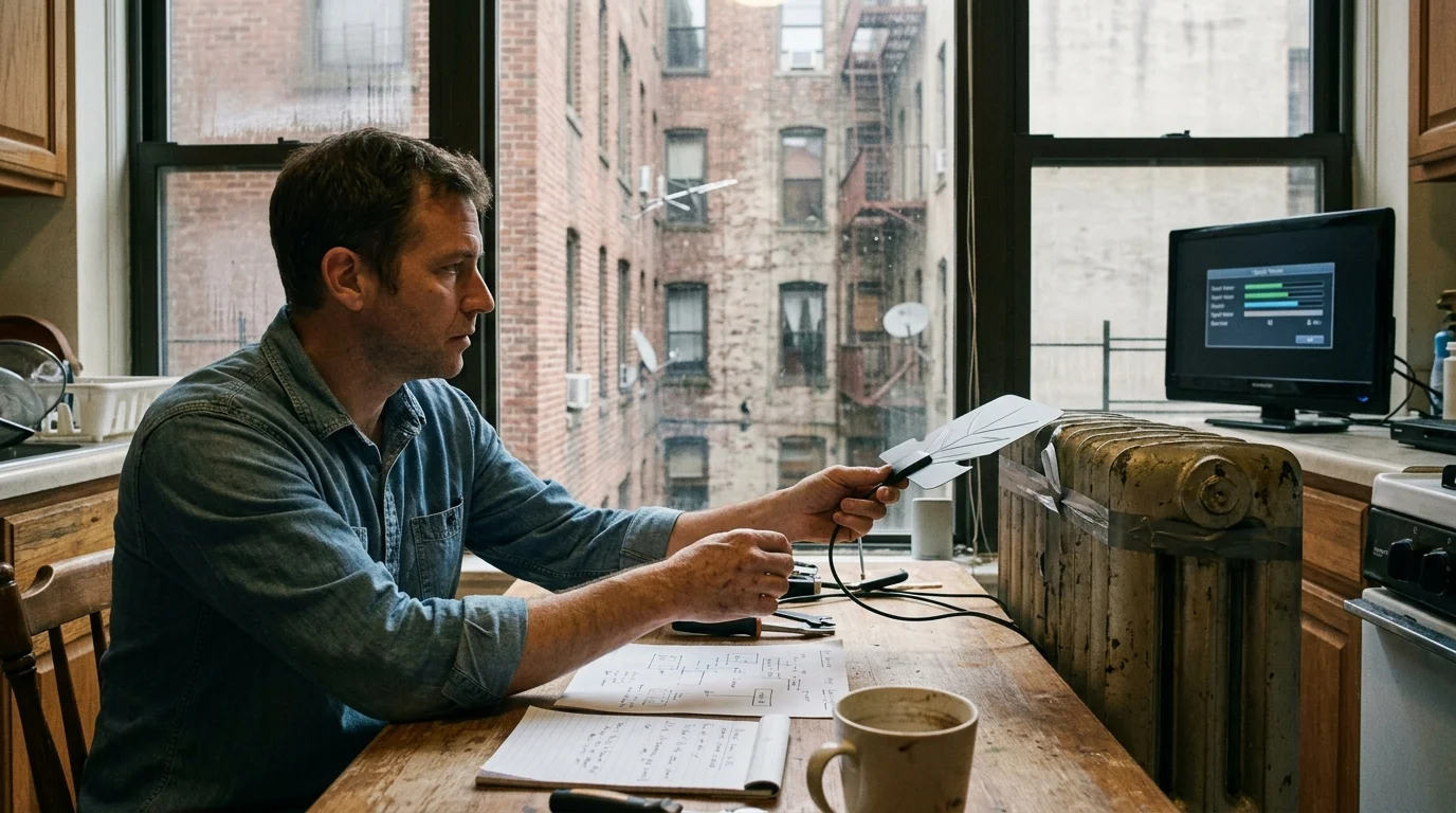 A man at a kitchen table holds a flat antenna near a window facing an interior brick airshaft and courtyard.