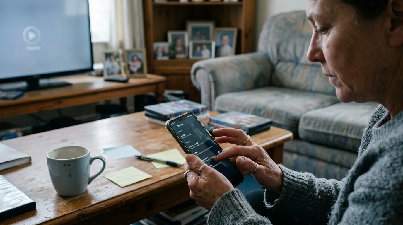 Close-up of a person holding a smartphone showing app settings, seated near a coffee table with a mug and a TV in the room.