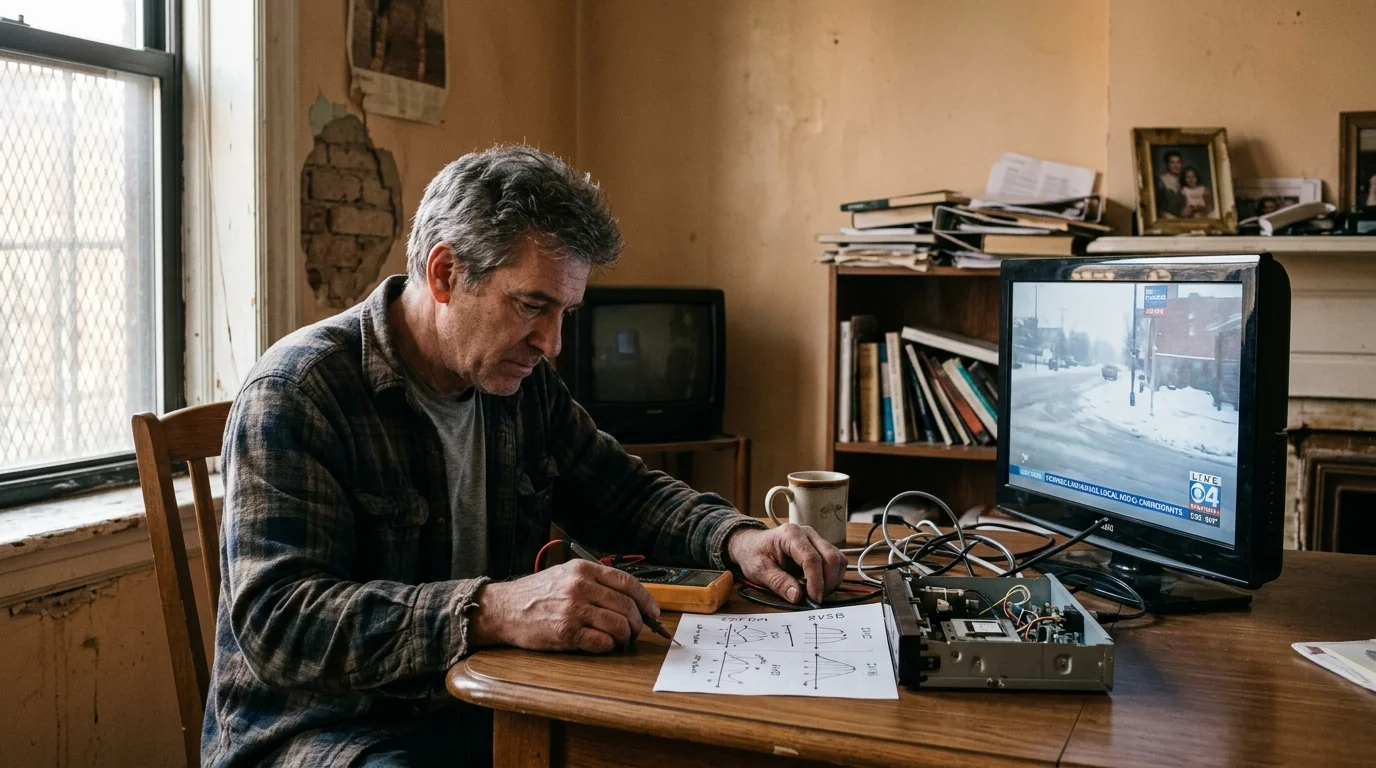 A man sits at a table with signal diagrams, a multimeter, and disassembled electronics beside a small television.