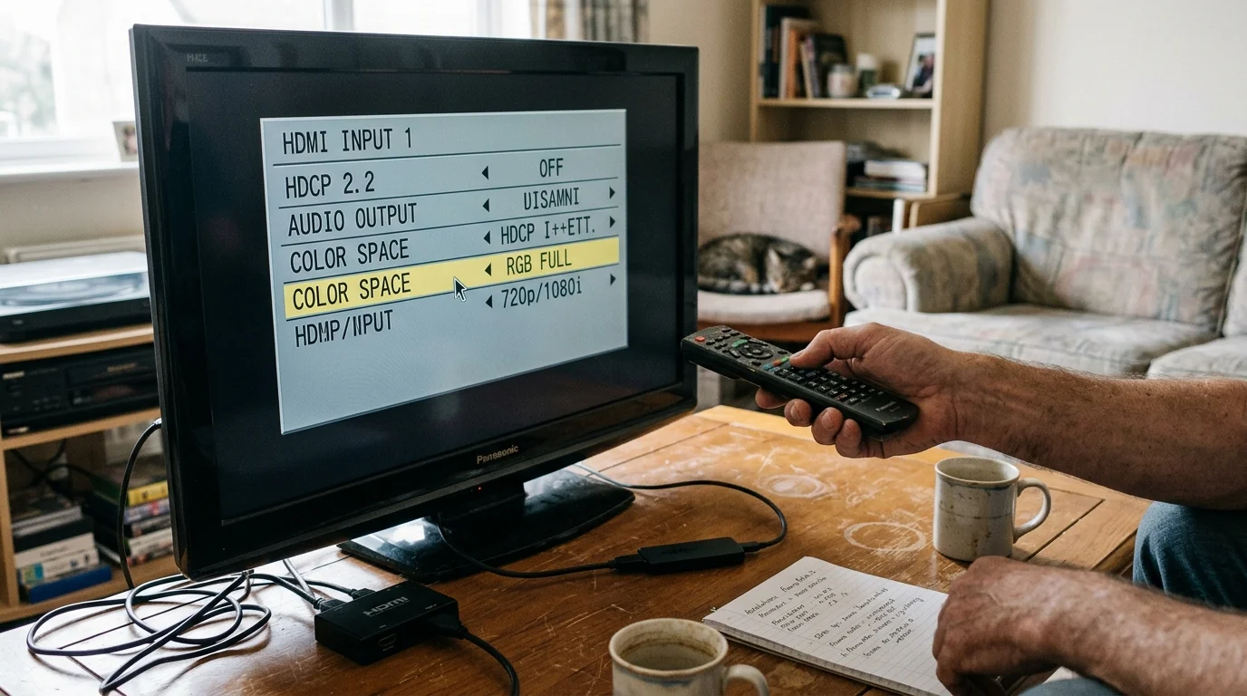 A person holding a remote control navigates an on-screen settings menu displaying Color Space options on a Panasonic TV.