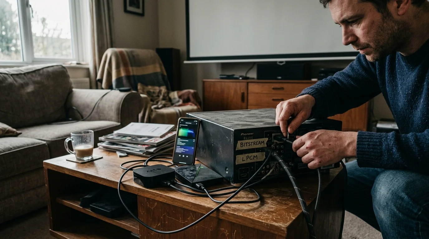 A man connects cables to the back of an AV receiver labeled bitstream and LPCM on a wooden coffee table.