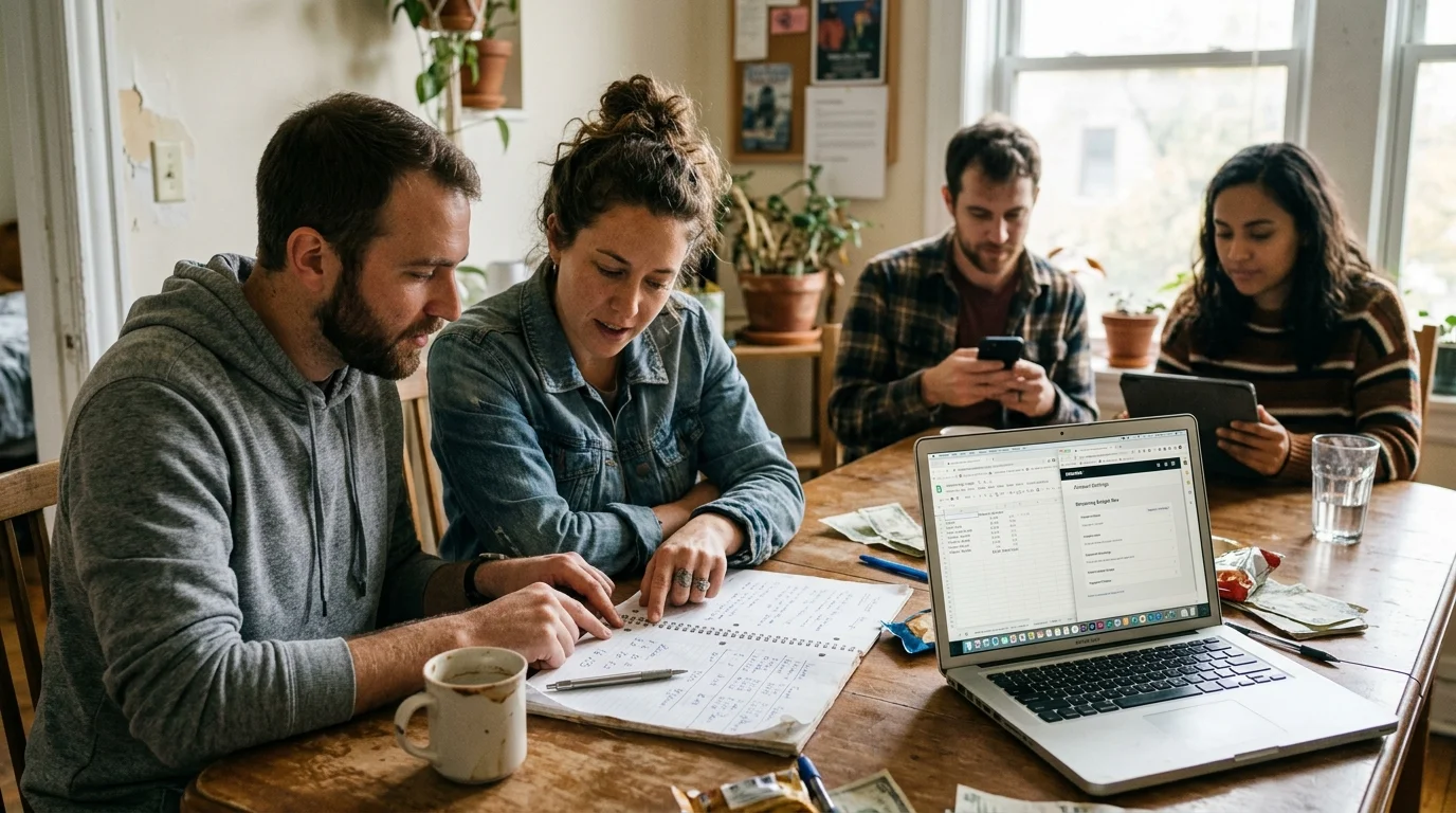 Four young adults sitting around a wooden dining table reviewing a laptop screen, notebook, and digital devices.